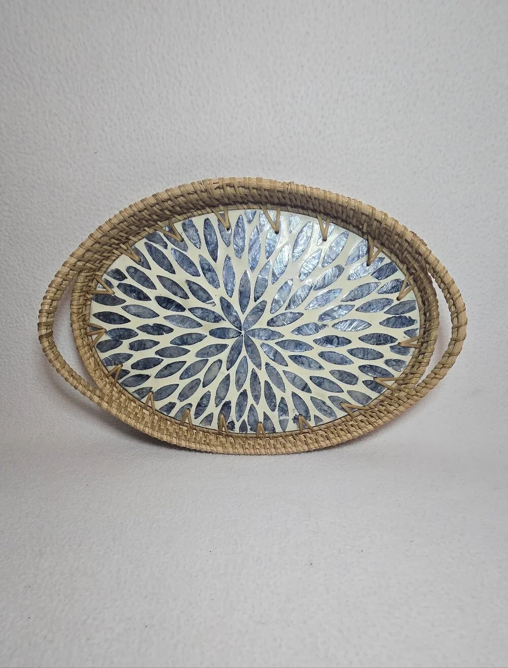Woven Rattan Tray with Blue Patterned Insert